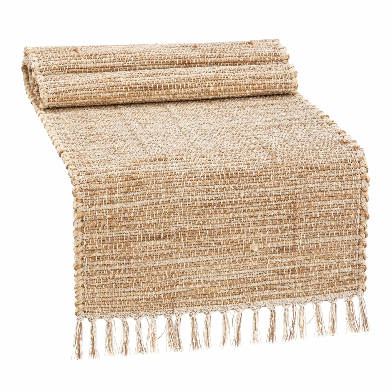 Chemin de table 180 x 35 cm en fibres textiles beige tissé à franges style naturel