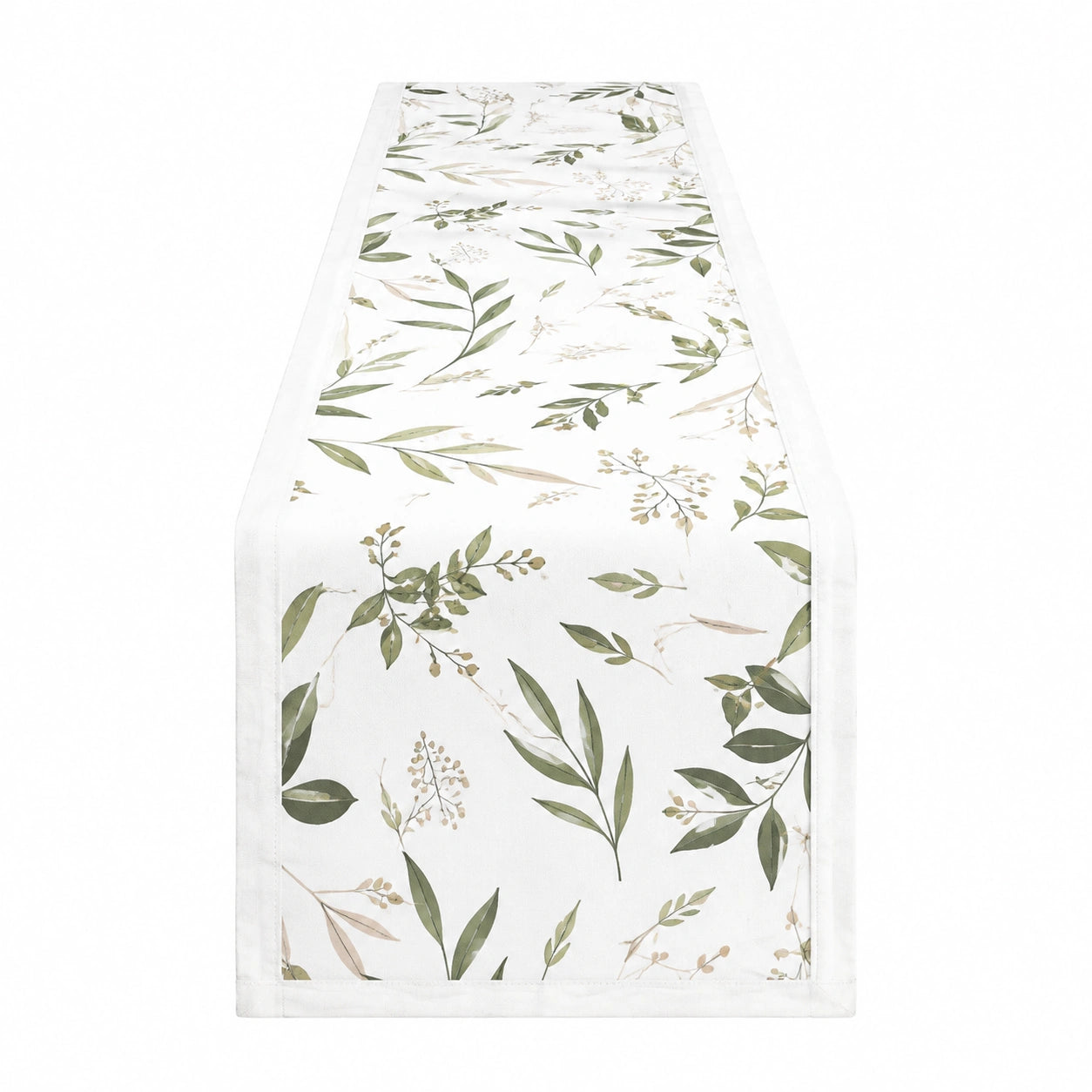 Chemin de table 180 x 40 cm textile blanc et vert motif végétal décoratif