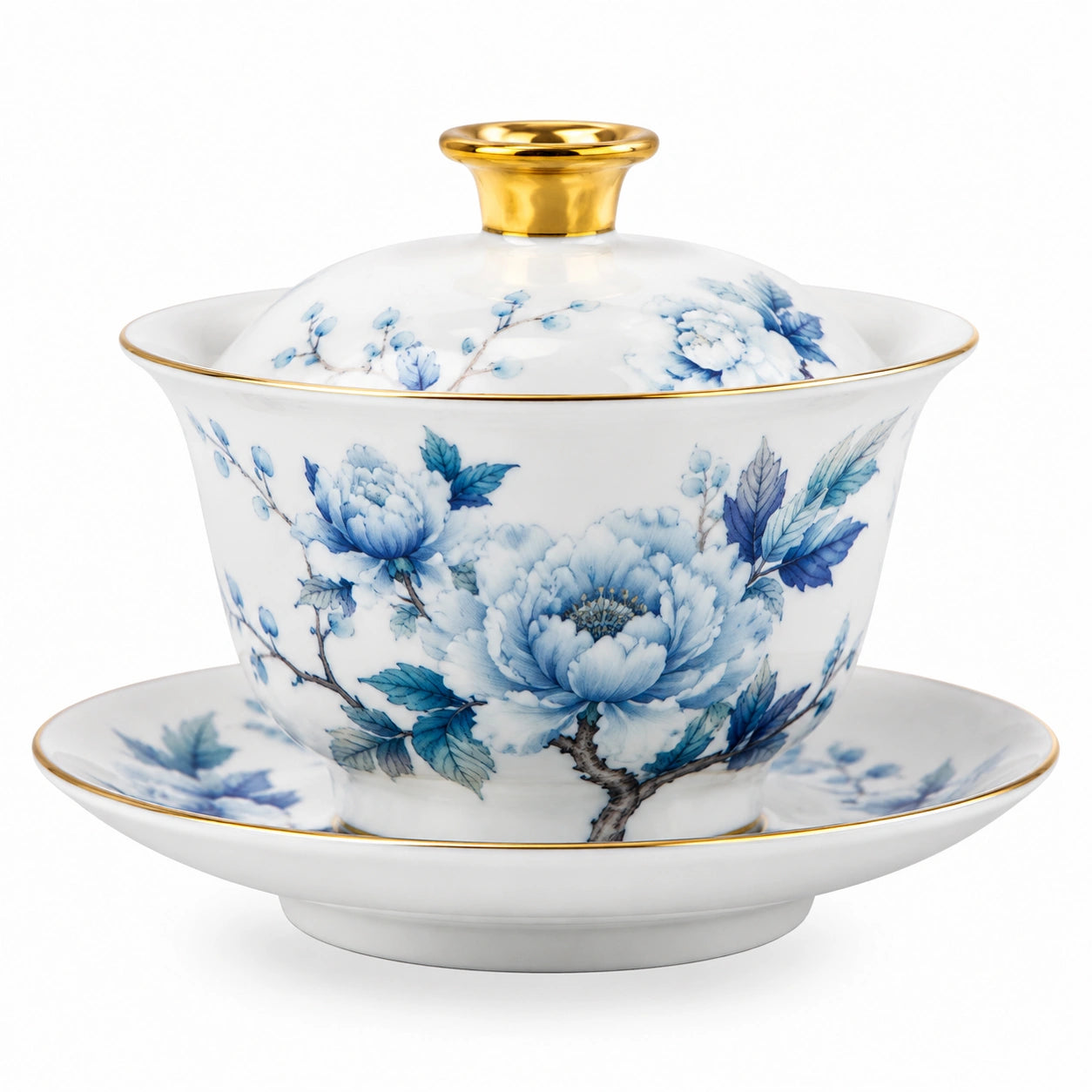 Gaiwan en porcelaine 180 ml blanc bleu doré à motif floral pour thé
