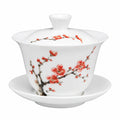 Gaiwan 150 ml en porcelaine blanche à fleurs rouges avec couvercle et soucoupe