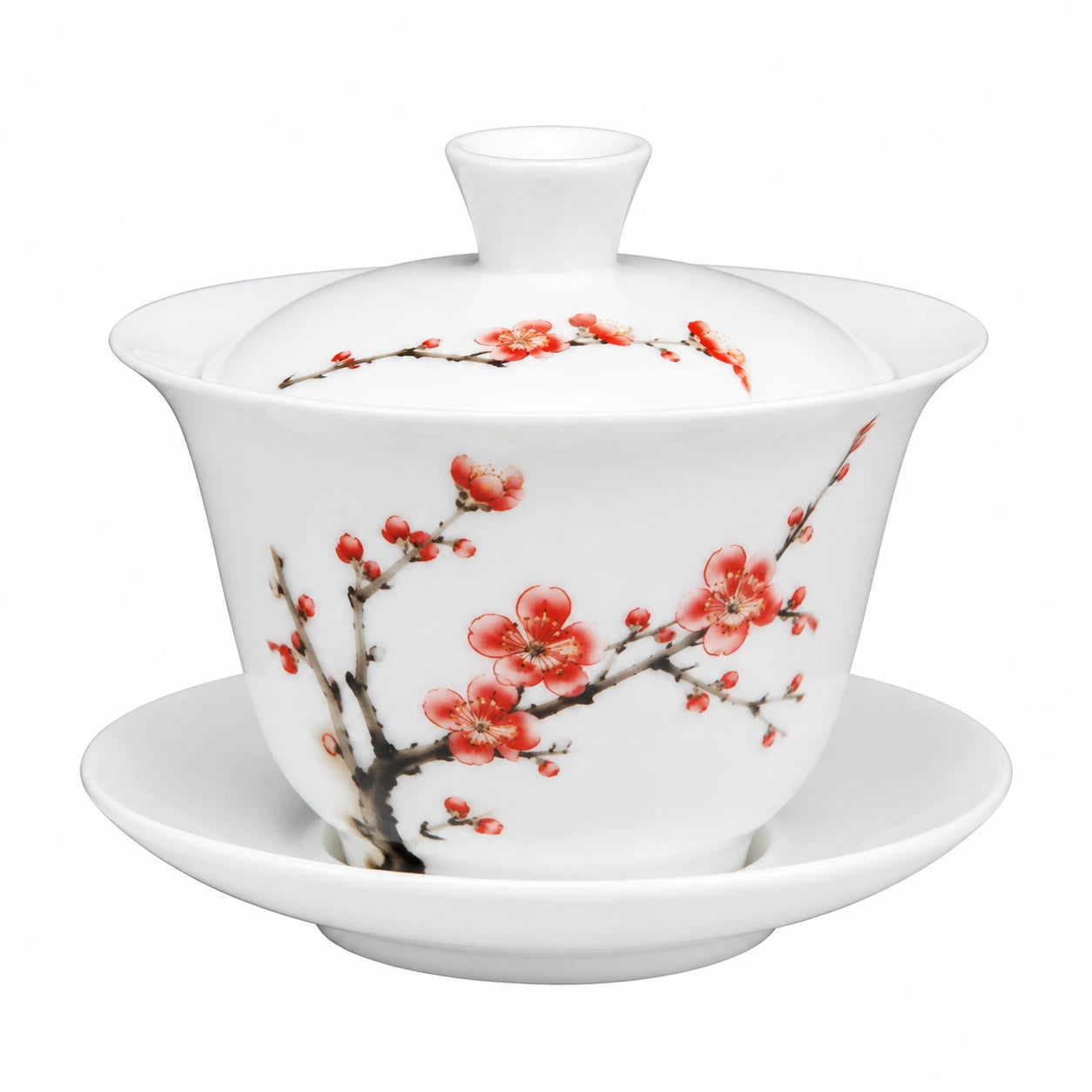 Gaiwan 150 ml en porcelaine blanche à fleurs rouges avec couvercle et soucoupe