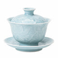 Gaiwan 150 ml en porcelaine bleu clair à décor floral avec couvercle et soucoupe
