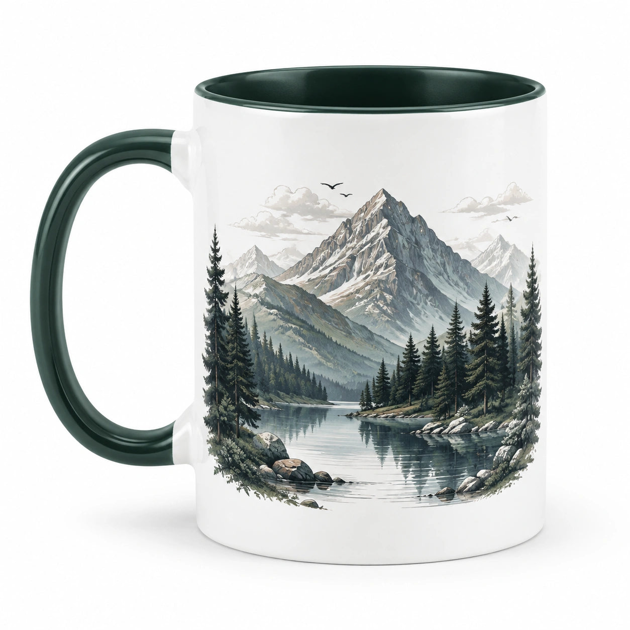 Mug 330 ml en céramique blanc et vert motif montagne pour boissons chaudes