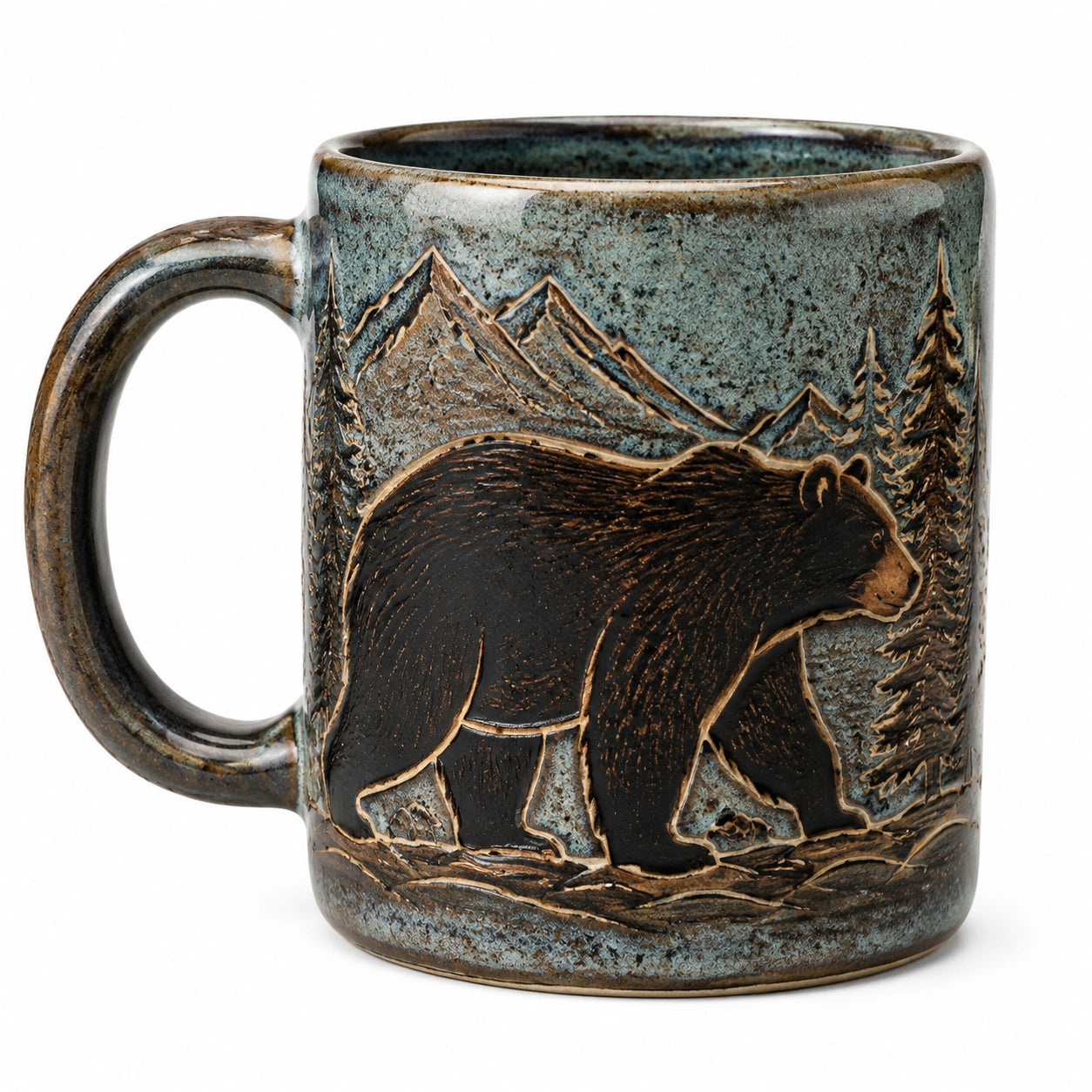 Mug 400 ml 10 cm en céramique bleu vert motif ours en relief style montagne