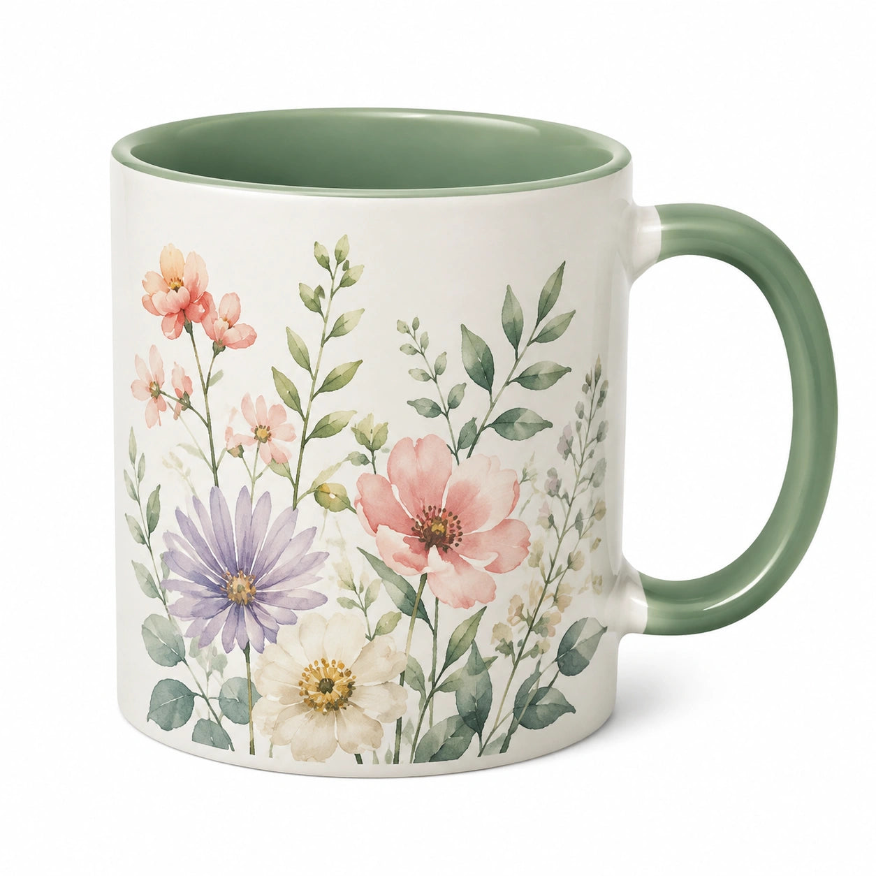 Mug 350 ml en céramique blanc vert à fleurs pour boissons chaudes avec anse