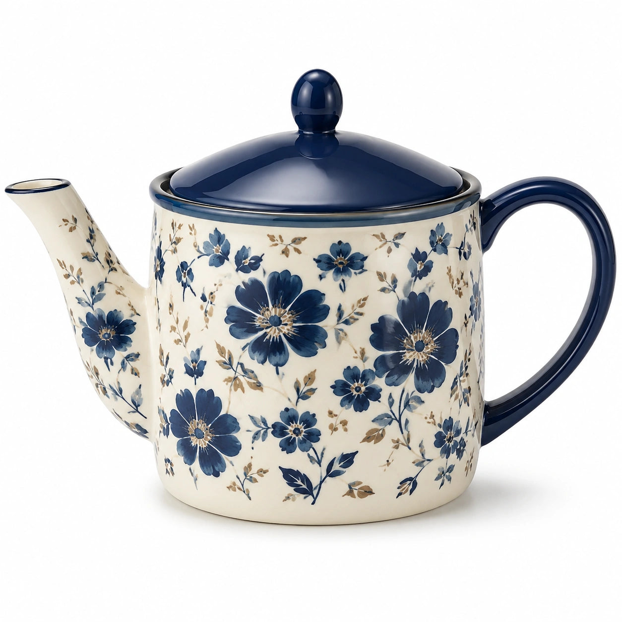 Théière en céramique 1.20 L bleu et crème à motif floral avec couvercle