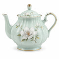 Théière 1.20 L en porcelaine vert d'eau décor floral doré style classique