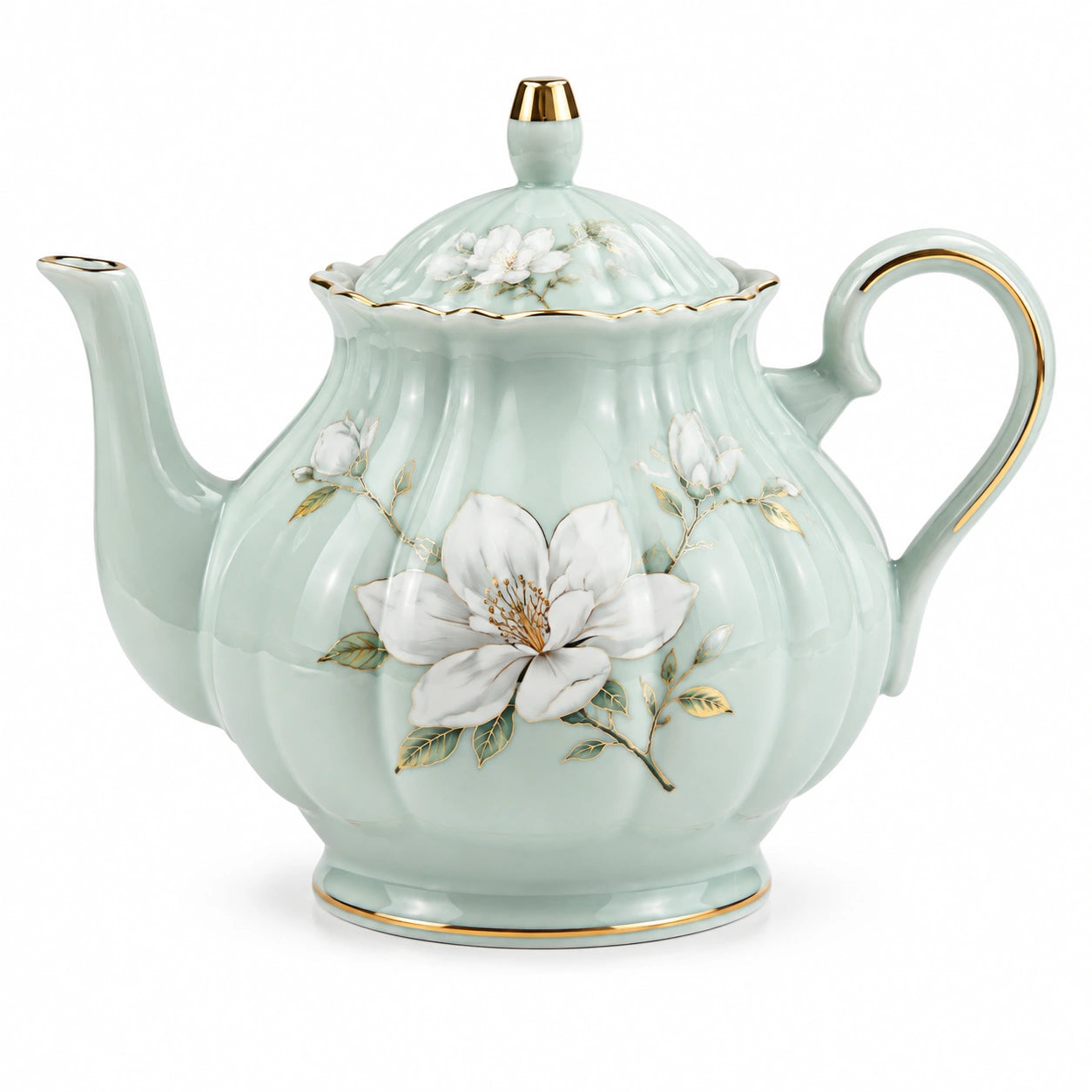 Théière 1.20 L en porcelaine vert d'eau décor floral doré style classique