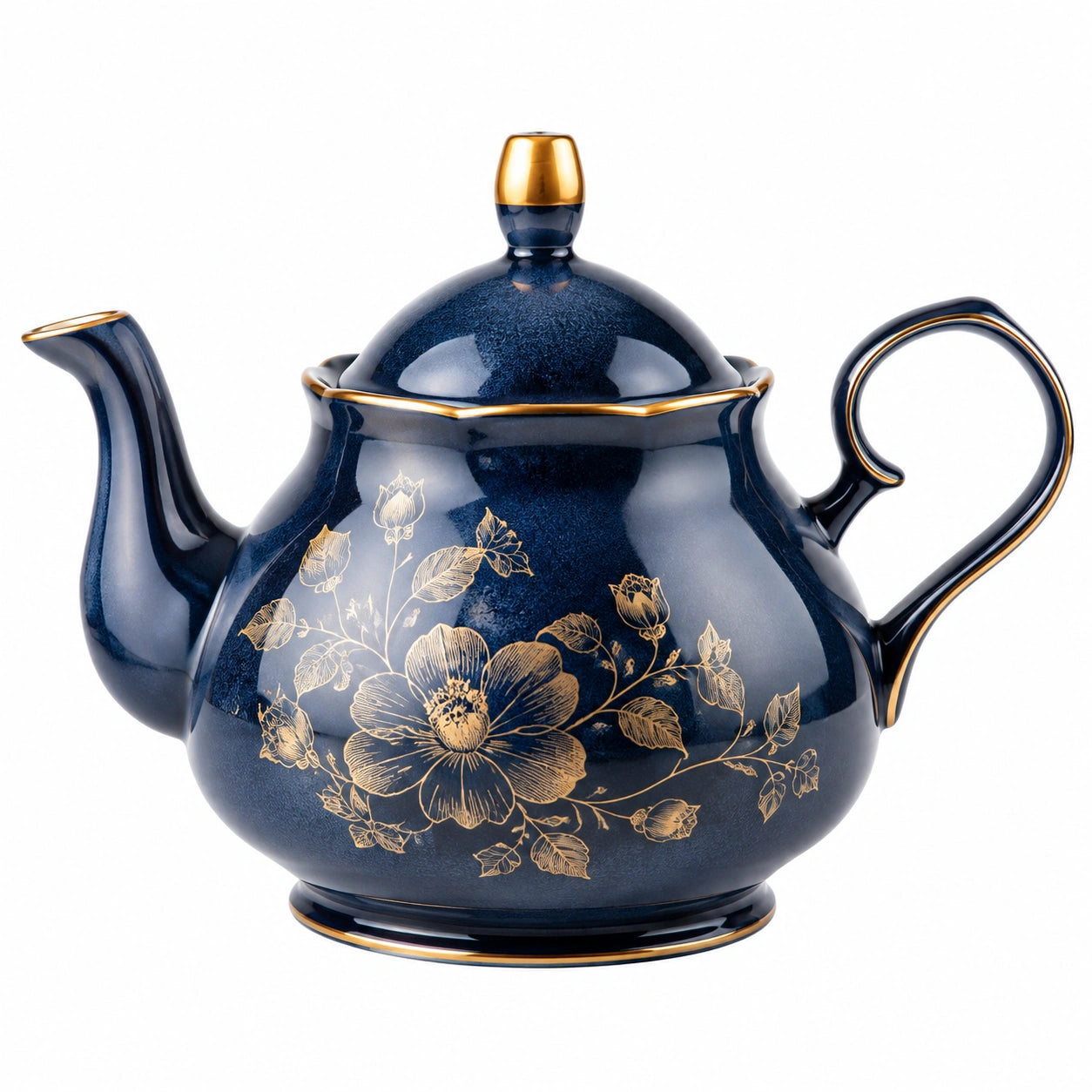 Théière 1.20 L en céramique bleu marine et doré style floral classique